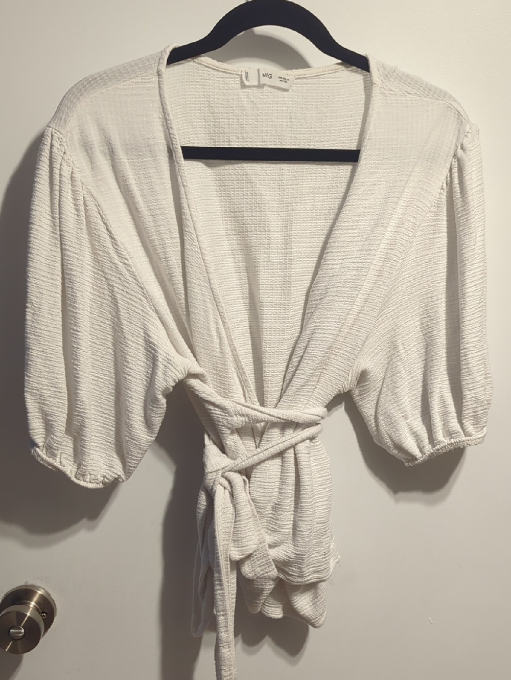 Violeta by Mango MNG White Textured Wrap Top With Puff Sleeves